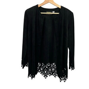 Bob Mackie Wearable Art Open Front Jacket Size M Black Faux Suede Eyelet Cut Out